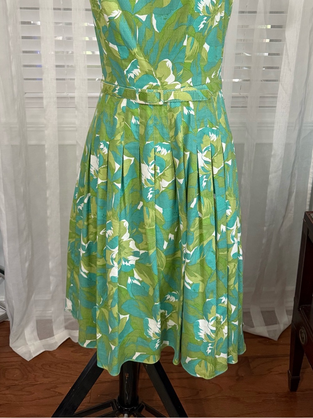 Adrianna Papell Teal and Lime Floral Midi Fit-and-Flare Dress